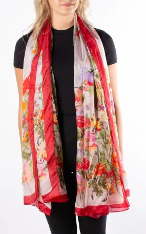 Watercolour Flowers Red Silk Scarf