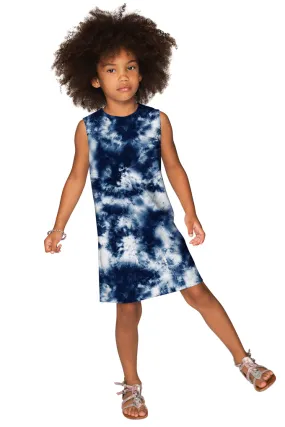 Waterfall Adele Blue Tie Dye Print Summer Cute Shift Dress - Girls