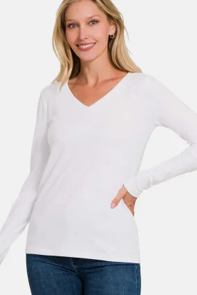 White Full Size V-Neck Long Sleeve T-Shirt