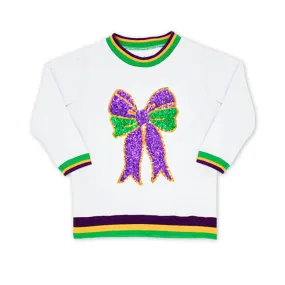 White Long Sleeve Shirt with Purple, Green, and Gold Sequin Bow Kids - (Each)