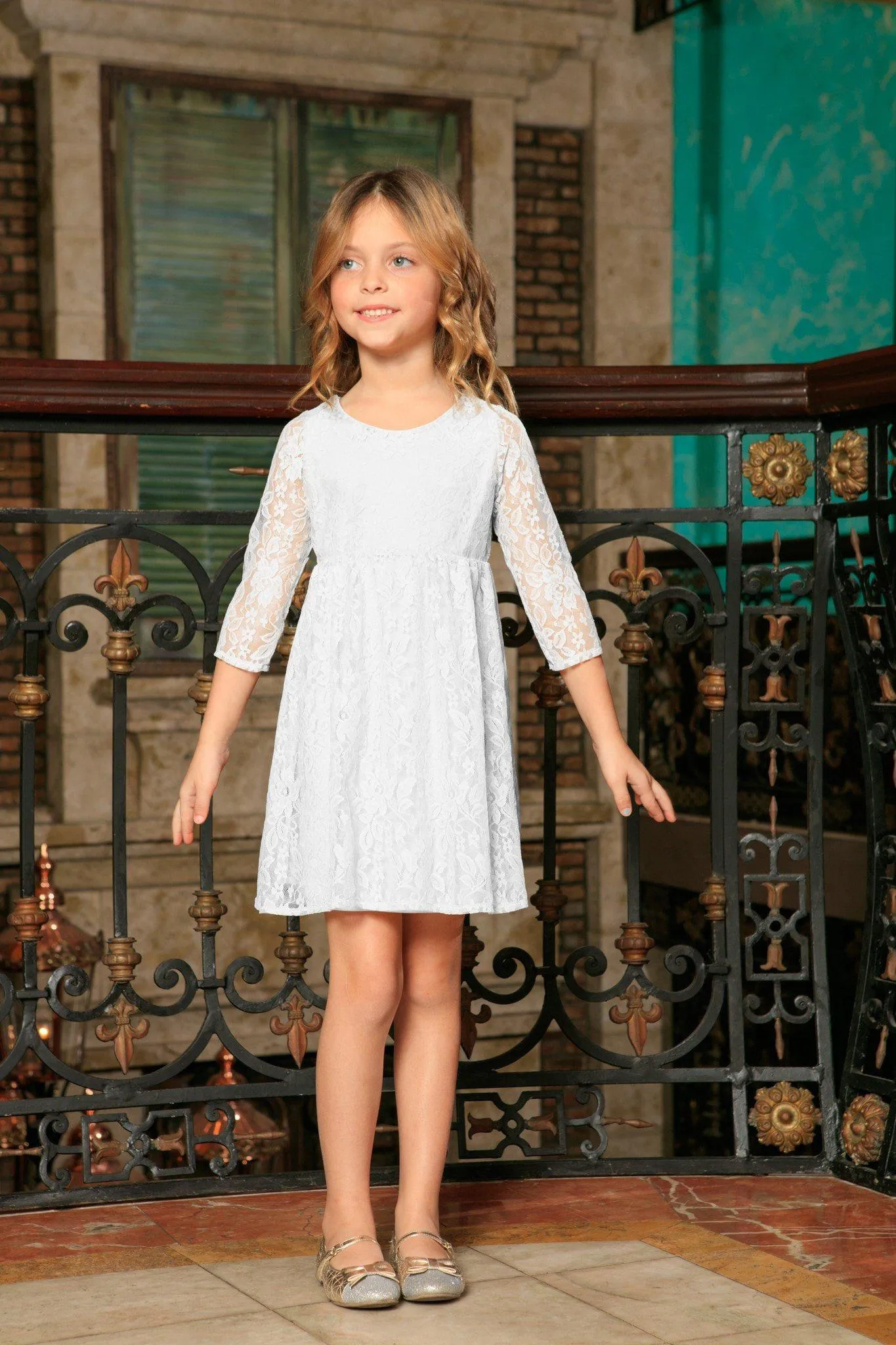 White Stretchy Lace Empire Three-Quarter Sleeve Mother Daughter Dress