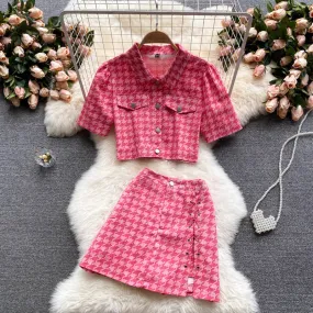 Wjczt New Summer Fashion Houndstooth Denim Two Piece Set Women Short Jeans Jacket Crop Top   Mini Skirts Sets Streetwear 2 Piece Sets