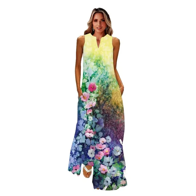 Wjczt Spring Summer Print Long Dress Women Beach Holiday Casual Fashion Elegant Dresses Party Sleeveless V Neck Maxi Dresses