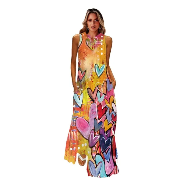 Wjczt Spring Summer Print Long Dress Women Beach Holiday Casual Fashion Elegant Dresses Party Sleeveless V Neck Maxi Dresses