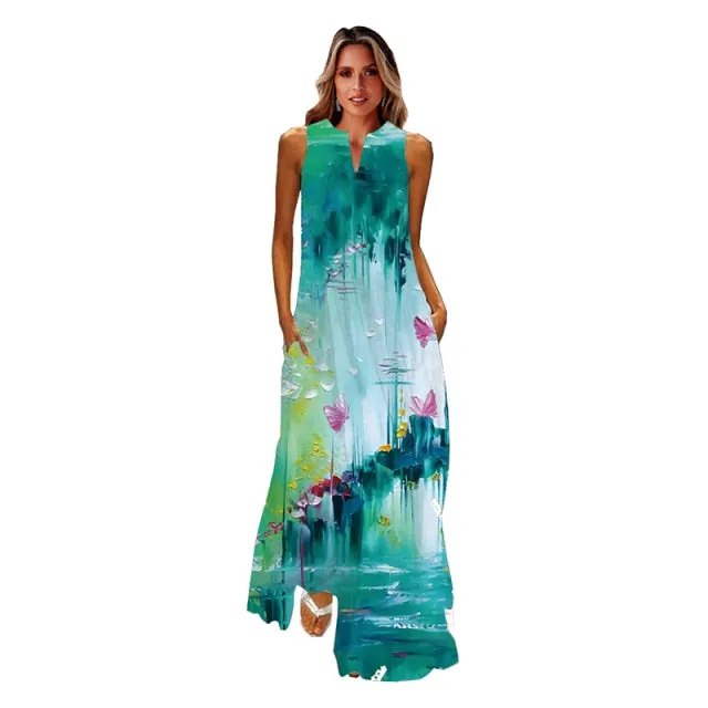 Wjczt Spring Summer Print Long Dress Women Beach Holiday Casual Fashion Elegant Dresses Party Sleeveless V Neck Maxi Dresses