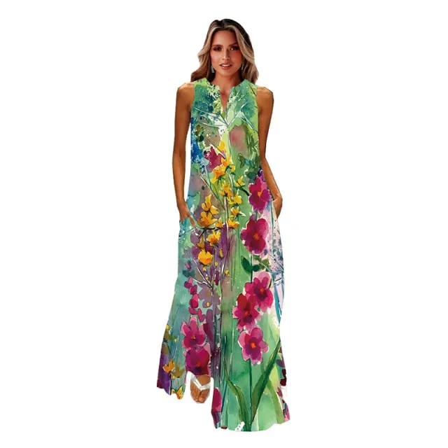 Wjczt Spring Summer Print Long Dress Women Beach Holiday Casual Fashion Elegant Dresses Party Sleeveless V Neck Maxi Dresses