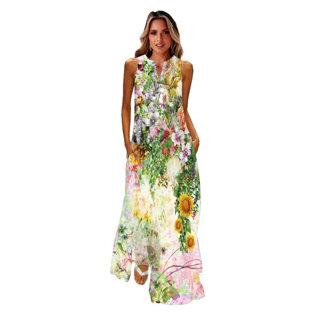 Wjczt Spring Summer Print Long Dress Women Beach Holiday Casual Fashion Elegant Dresses Party Sleeveless V Neck Maxi Dresses