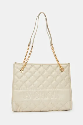 Women Beige Quilted Tote Bag