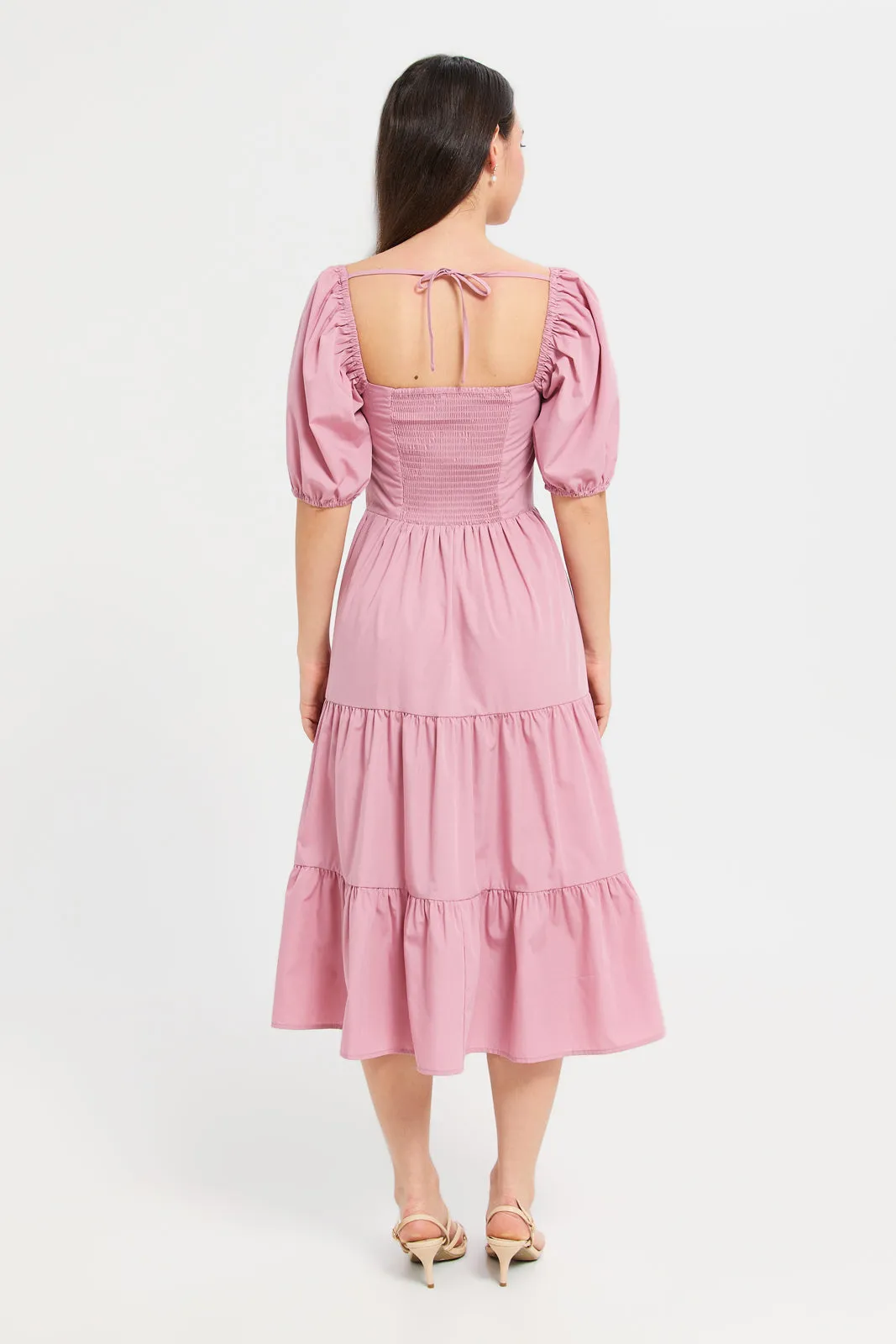 Women Fuchsia Puff Sleeve Poplin Dress