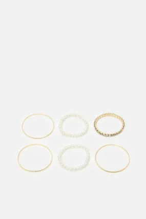 Women Gold And White Embellished Bracelets Set (8 Piece)