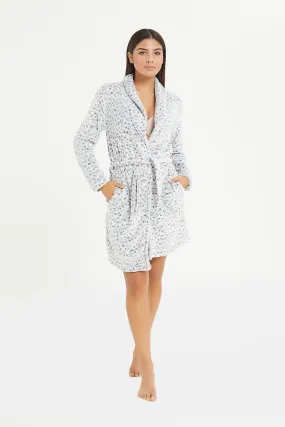 Women Grey Snow Leopard Jacquard Robe