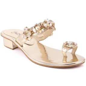 Women “ILUKA” Stone Decorated Toe Ring Flat Slip On Flat Slippers