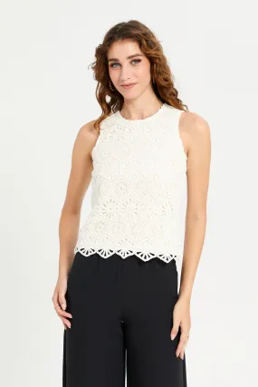 Women Ivory Crochet Front Lined Jersey Top