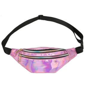 Women Punk Laser Glossy PU Double Zipper Chest Bag Casual Waist Bag(Pink)