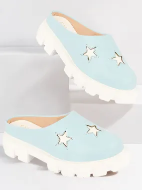 Women Sky Blue Laser Cut Star Open Back Height Enhancer Slip On Casual Shoes