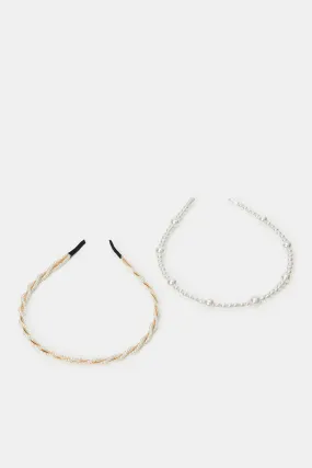 Women White And Gold Embellished Headbands (Pack of 2)