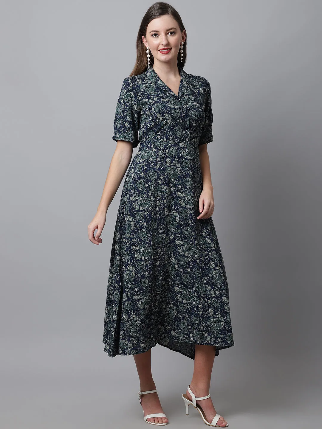 Women's Casual Shirt Collar Green Floral Print Fit & Flared Dress