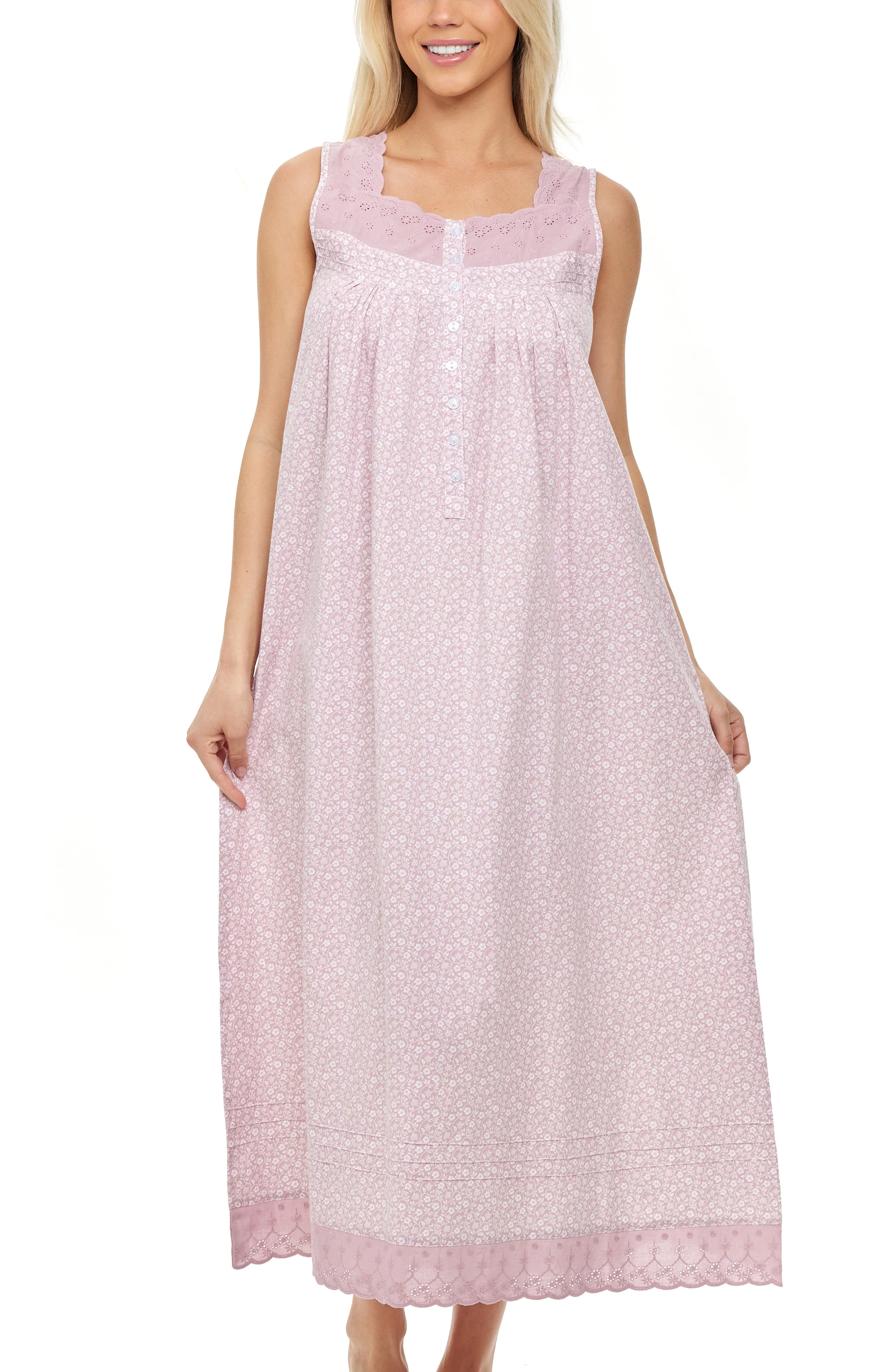 Women's Cotton Victorian Nightgown, Sybil Sleeveless Lace Trimmed Button Up Long Night Dress