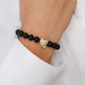 Women's Diamond Heart Glossy Black Beaded Bracelet