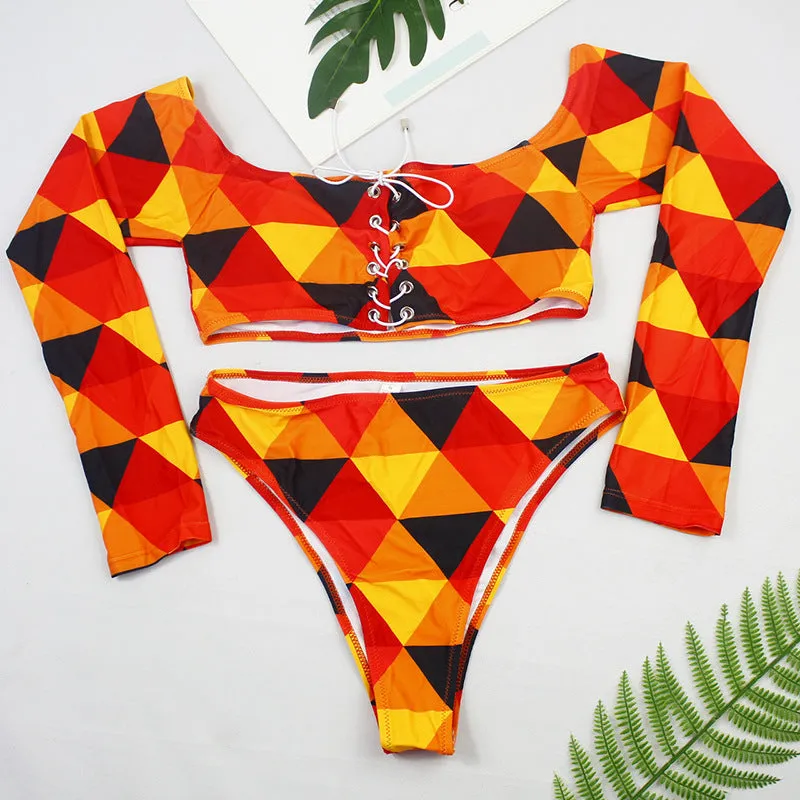 Women's Fashion Printed Split String Lace-up Swimsuit