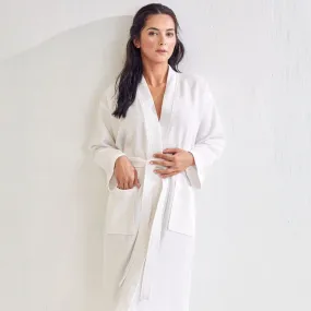 Women's Long Waffle Bathrobe, Kimono Style, Comfortable Luxurious Cotton Turkish Robe (White)