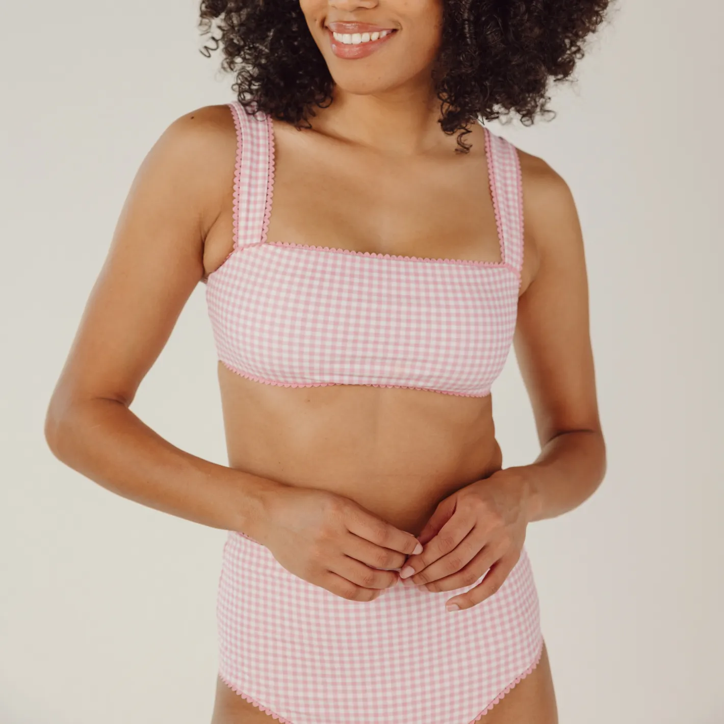 women's pink guava gingham high-waisted bikini bottom