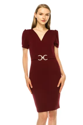 Women's V-neck Sheath Dress with Buckle Accent and Puff Sleeves - Elegant Office to Even