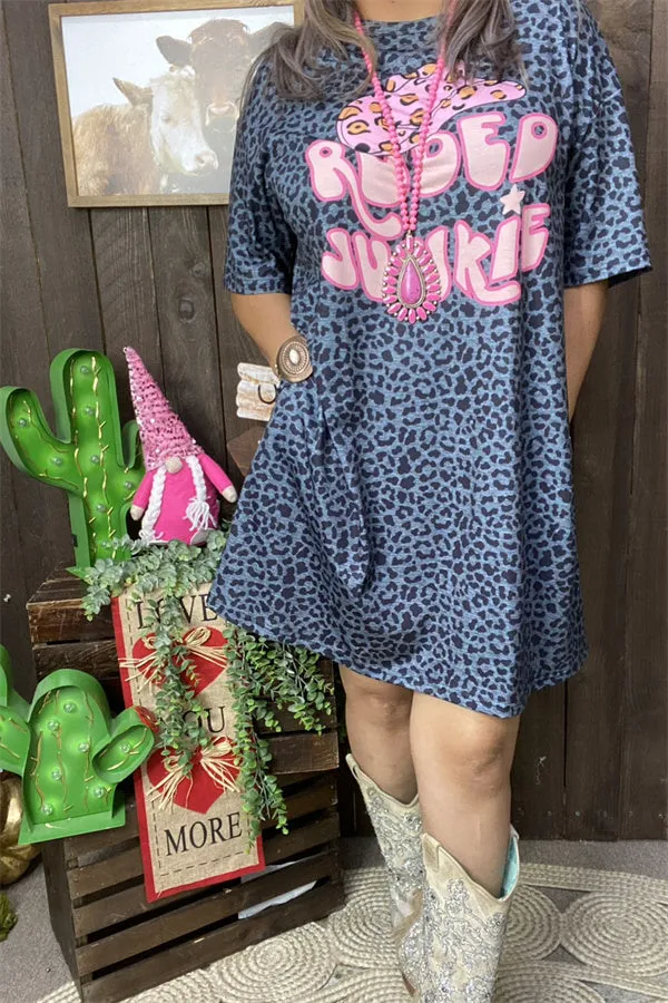 XCH14470 Hat graphic printed short sleeve w/side pockets women leopard dresses