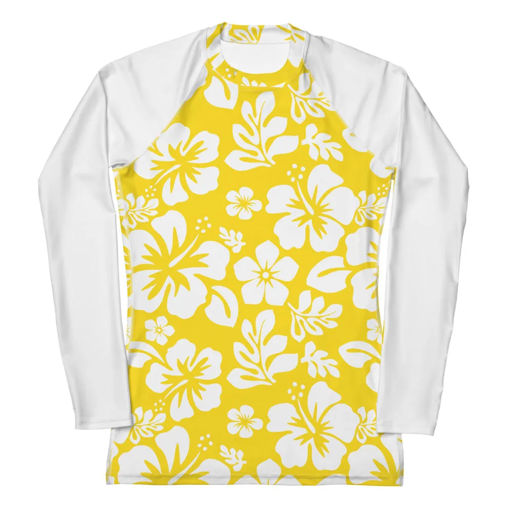 Yellow and White Hawaiian Flowers with White Sleeves Women's Rash Guard