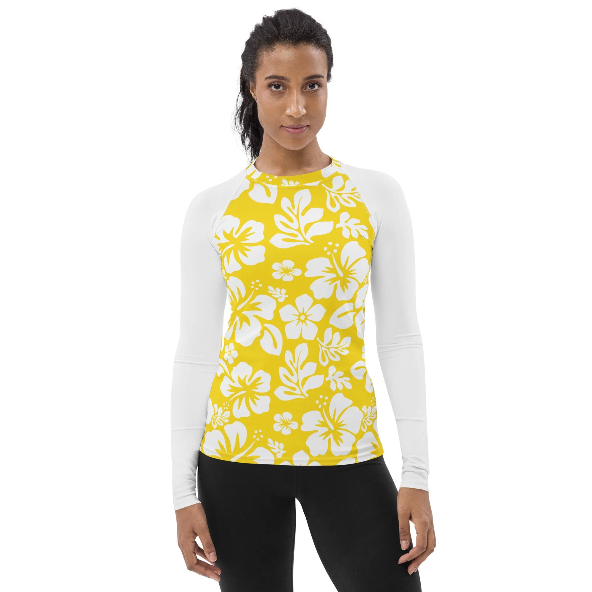 Yellow and White Hawaiian Flowers with White Sleeves Women's Rash Guard