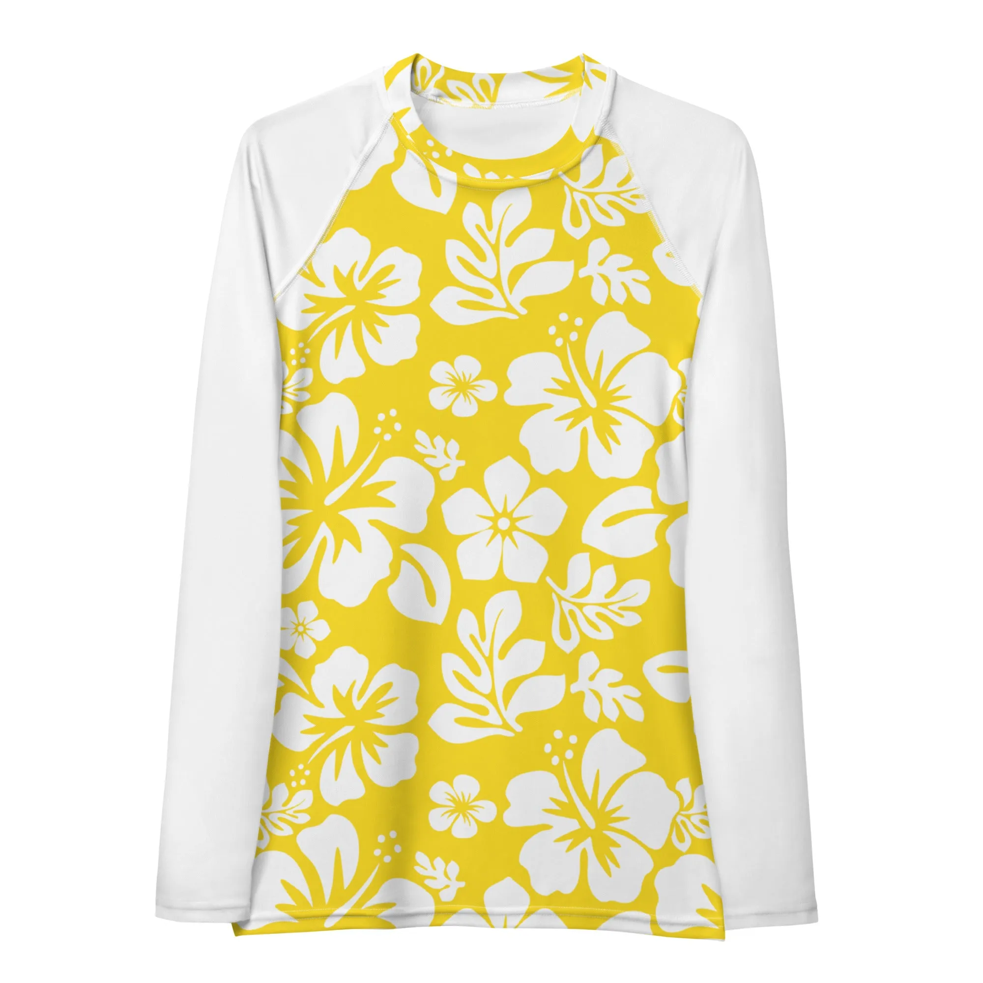 Yellow and White Hawaiian Flowers with White Sleeves Women's Rash Guard