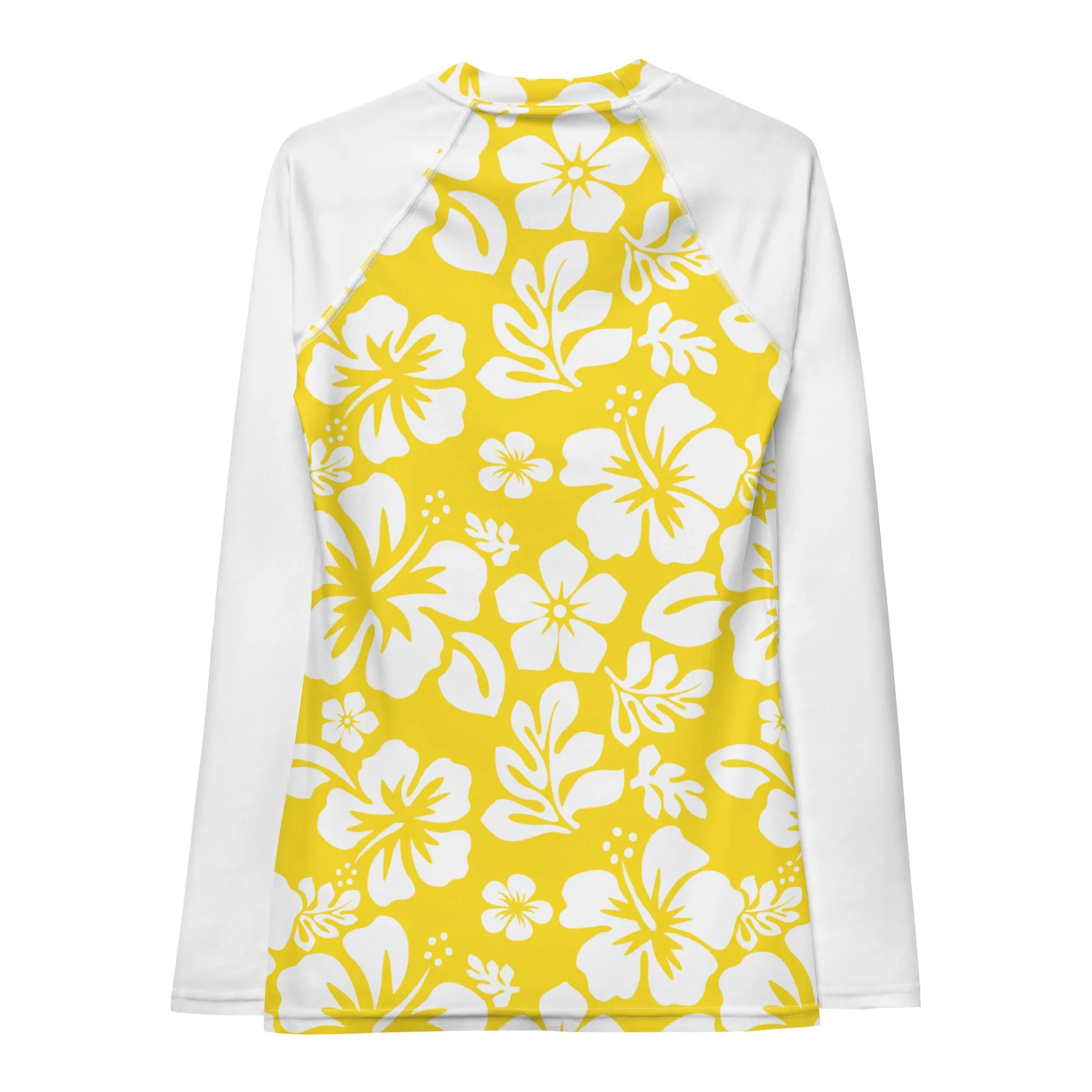 Yellow and White Hawaiian Flowers with White Sleeves Women's Rash Guard