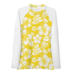 Yellow and White Hawaiian Flowers with White Sleeves Women's Rash Guard