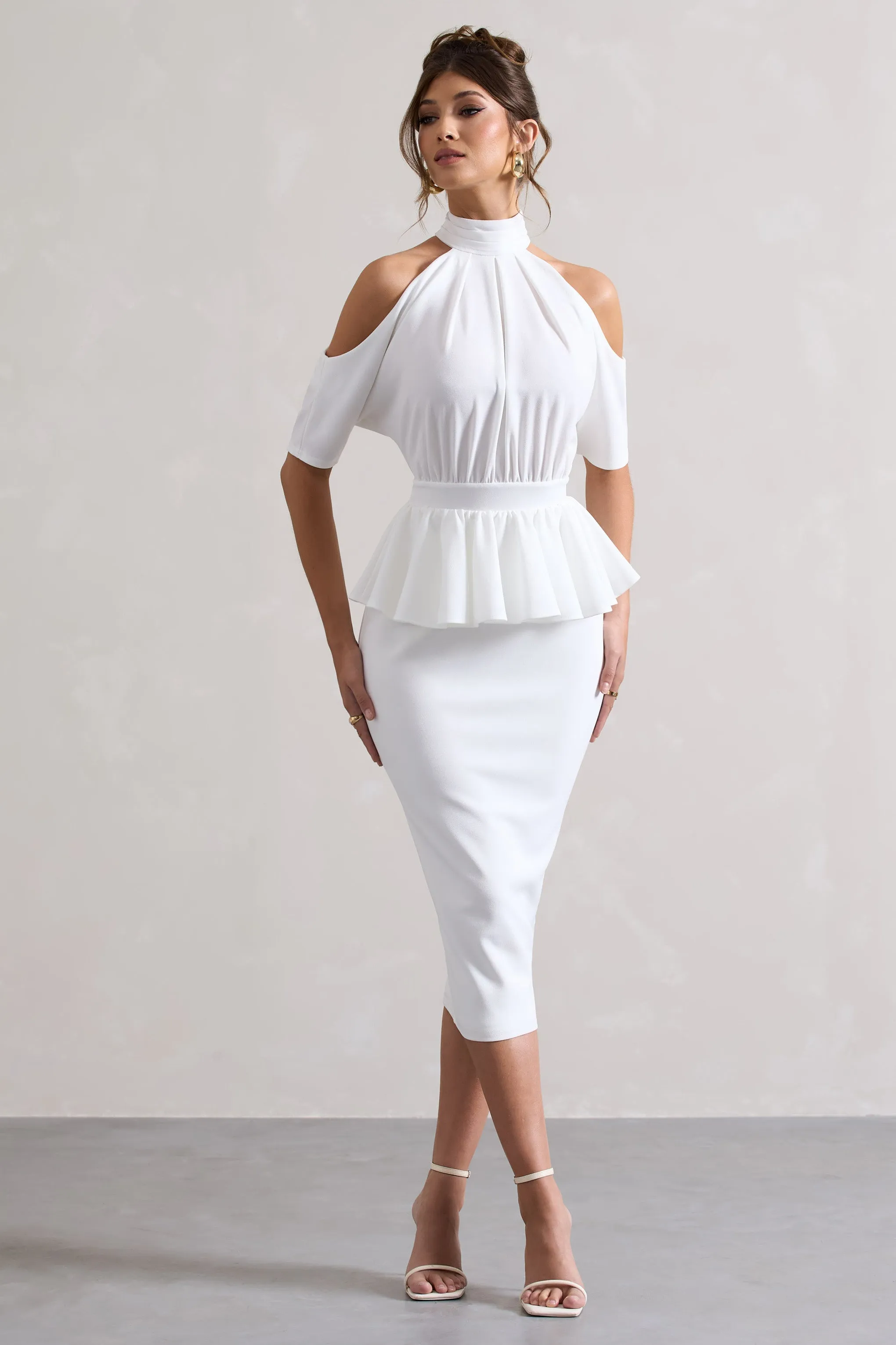 Yves | White High-Neck Cut-Out Midi Dress With Peplum Waist