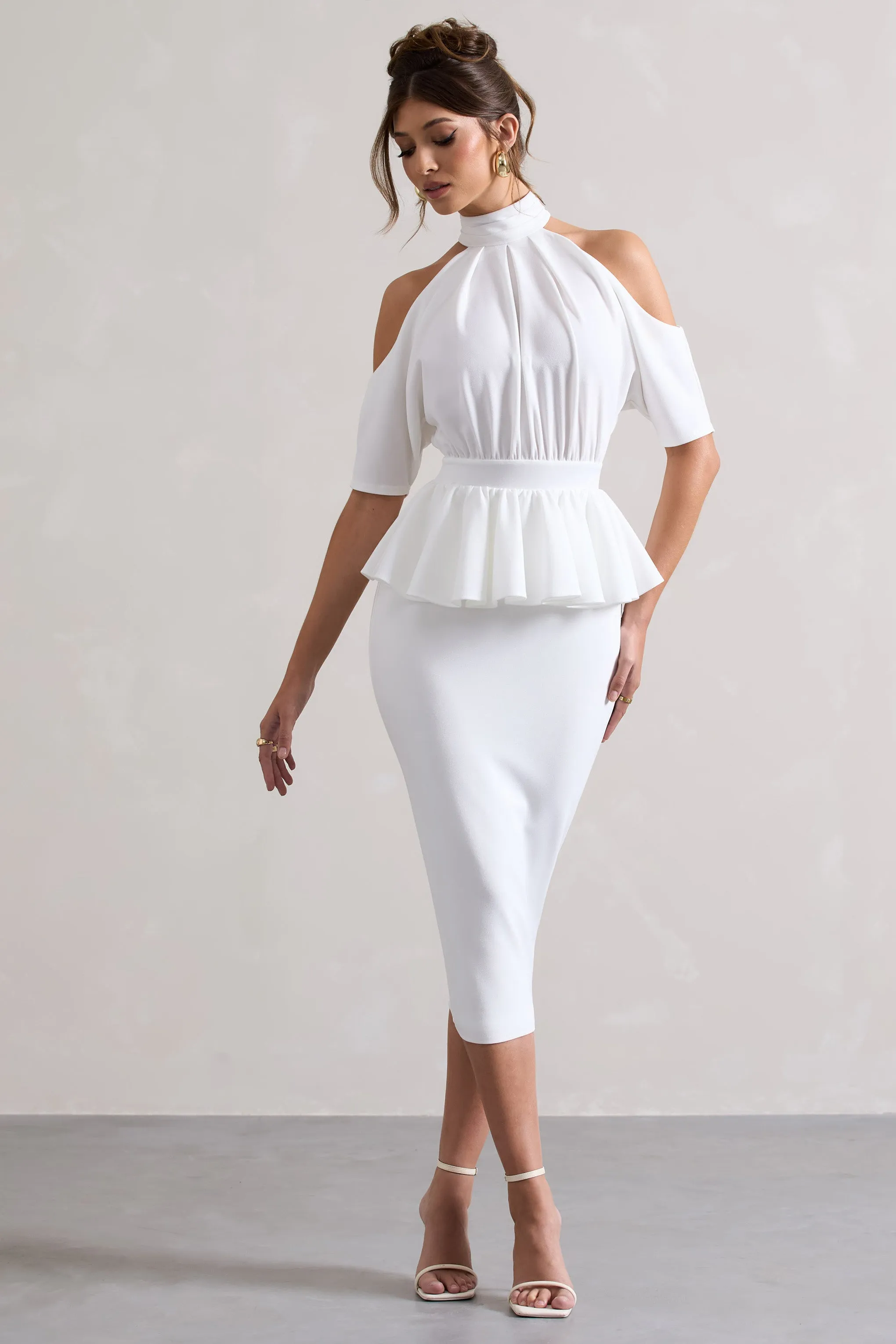 Yves | White High-Neck Cut-Out Midi Dress With Peplum Waist